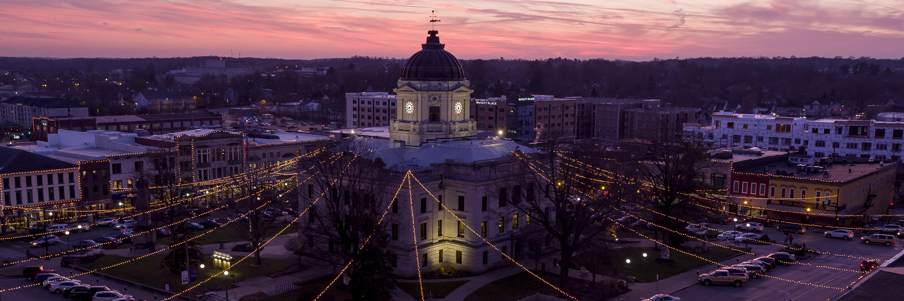 Holiday lights illuminate the courthouse square in downtown Bloomington on the day of the winter solstice.